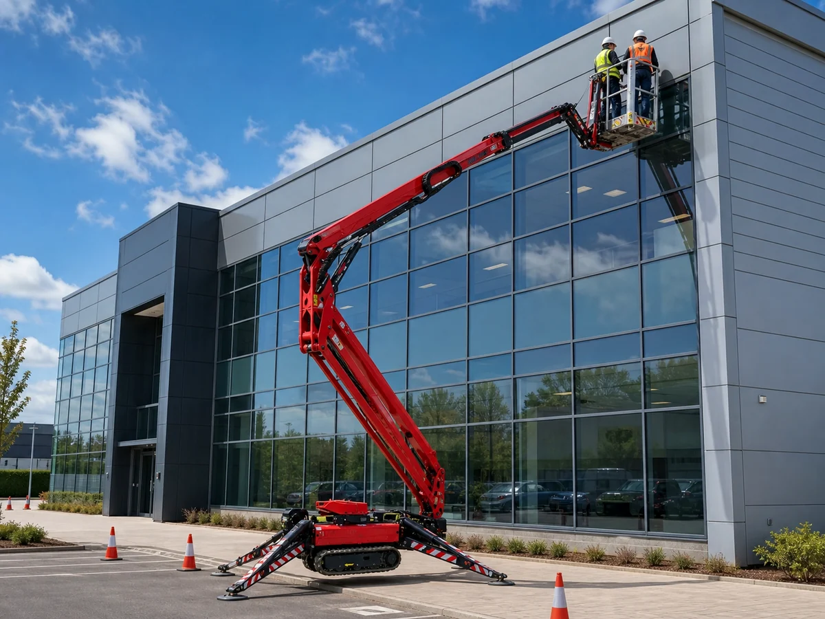 Spider lift and operators maintaining the glazed facade of a modern commercial building