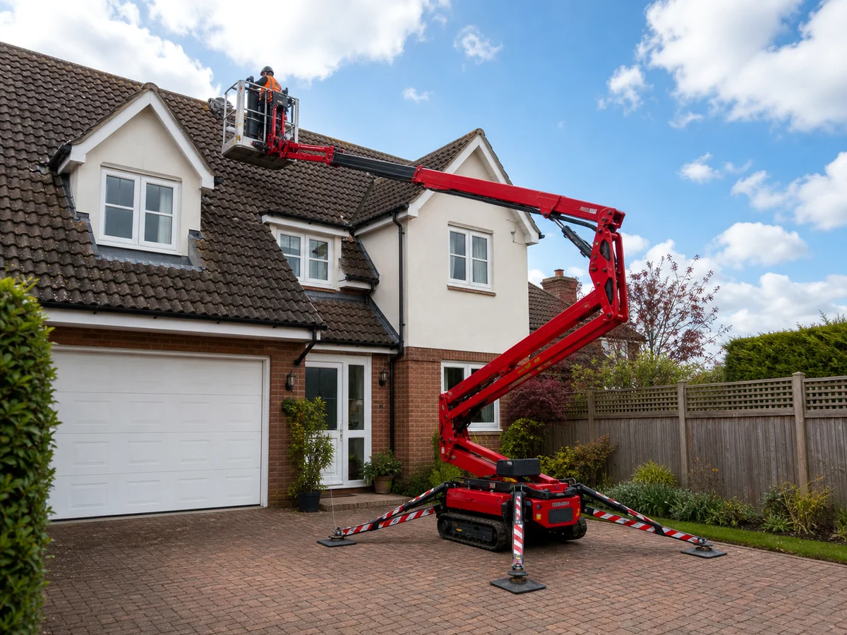 Spider lift giving a roofer access to the roofline of a detached house