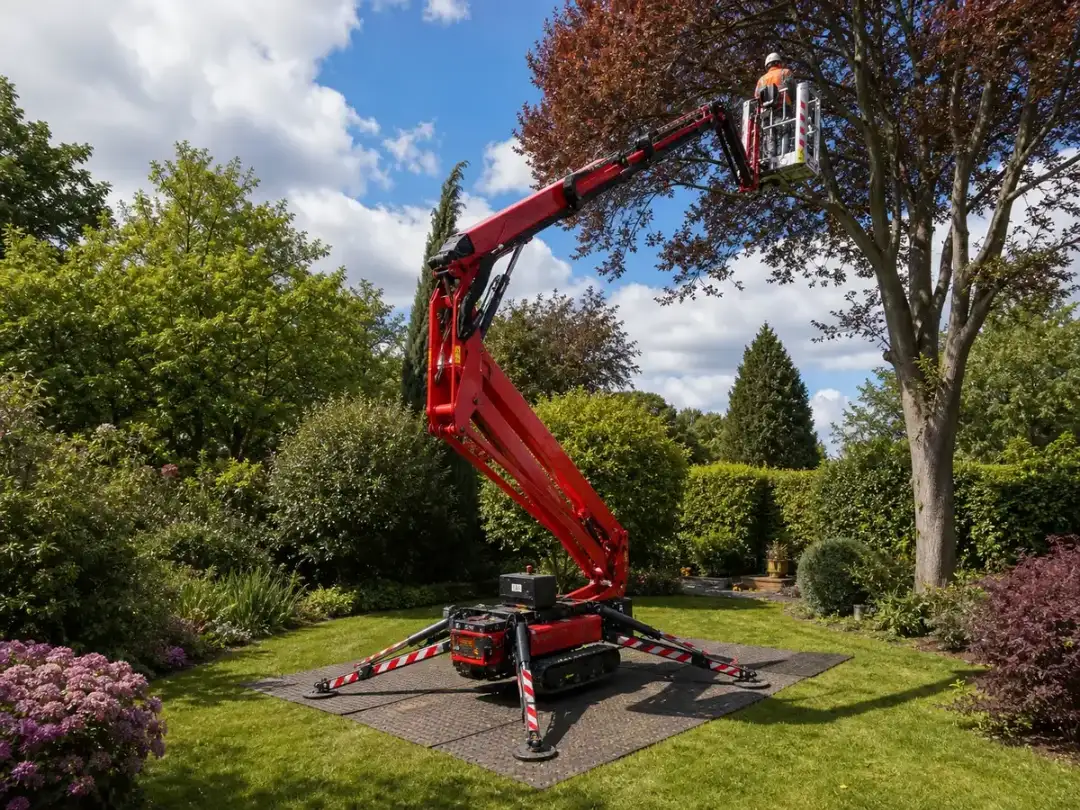 Spider lift set up on a lawn reaching up into a mature tree for crown work